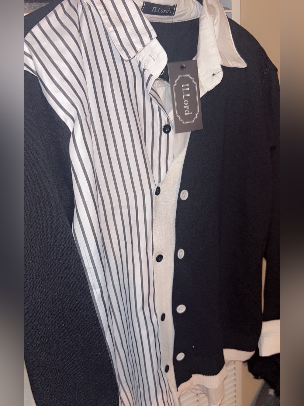 ILLord Black & White Striped Panel Button-Down Top